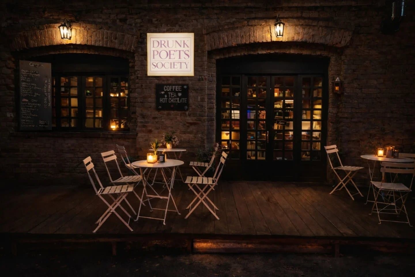 The brick front at night: a lit Drunk Poets Society sign between two arched windows, a chalkboard in one window and café tables on a wooden terrace